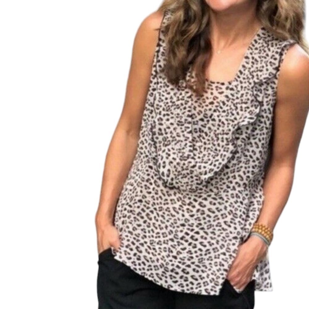CAbi Top Flutter Blouse Ruffle Sleeveless Cheetah Animal Print‎ Black Cream S